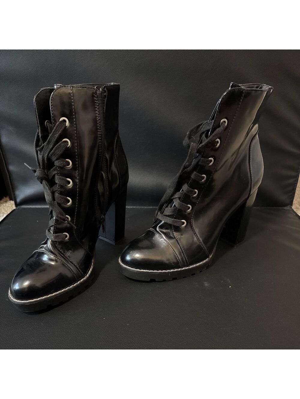 Call It Spring Black Patent Leather Lace-Up Ankle Boots Size 10